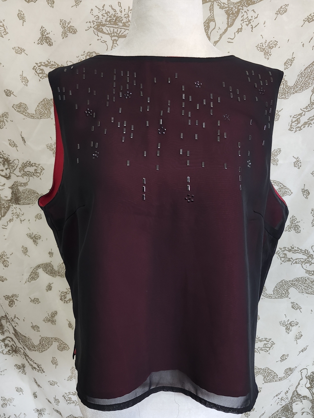 Vintage Beaded Sleeveless Chiffon Top in Wine Red and Black